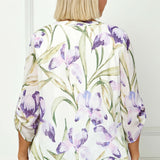 3/4 Button Tab Sleeve Mandarin Collar Popover Blouse - Plus - Cream/Lilac