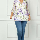 3/4 Button Tab Sleeve Mandarin Collar Popover Blouse - Plus - Cream/Lilac