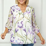 3/4 Button Tab Sleeve Mandarin Collar Popover Blouse - Plus - Cream/Lilac