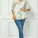 3/4 Button Tab Sleeve Mandarin Collar Popover Blouse - Plus - Cream/Olive