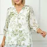 3/4 Button Tab Sleeve Mandarin Collar Popover Blouse - Plus - Cream/Olive