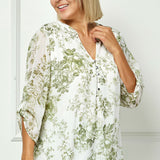 3/4 Button Tab Sleeve Mandarin Collar Popover Blouse - Plus - Cream/Olive