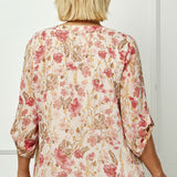 3/4 Button Tab Sleeve Covered Button + Loop Placket Front V-Ruffle Neck Dash Foil Overlay Popover Blouse - Hunter - Plus