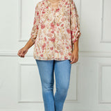 3/4 Button Tab Sleeve Covered Button + Loop Placket Front V-Ruffle Neck Dash Foil Overlay Popover Blouse - Hunter - Plus