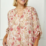 3/4 Button Tab Sleeve Covered Button + Loop Placket Front V-Ruffle Neck Dash Foil Overlay Popover Blouse - Hunter - Plus