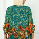 3/4 Tab Sleeve Mandarin Collar Print Blouse in Teal/Orange - Plus