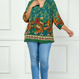 3/4 Tab Sleeve Mandarin Collar Print Blouse in Teal/Orange - Plus