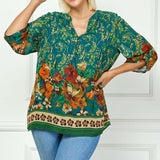 3/4 Tab Sleeve Mandarin Collar Print Blouse in Teal/Orange - Plus