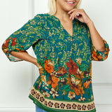3/4 Tab Sleeve Mandarin Collar Print Blouse in Teal/Orange - Plus