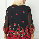 3/4 Button Tab Sleeve Mandarin Collar Popover Blouse in Black - Plus