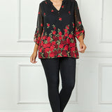 3/4 Button Tab Sleeve Mandarin Collar Popover Blouse in Black - Plus