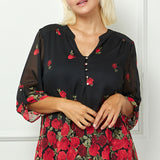 3/4 Button Tab Sleeve Mandarin Collar Popover Blouse in Black - Plus