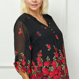 3/4 Button Tab Sleeve Mandarin Collar Popover Blouse in Black - Plus