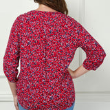 3/4 Button Tab Sleeve Pintuck Tie Front Blouse in Red - Plus