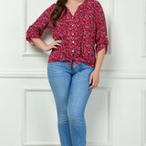 3/4 Button Tab Sleeve Pintuck Tie Front Blouse in Red - Plus