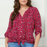 3/4 Button Tab Sleeve Pintuck Tie Front Blouse in Red - Plus