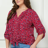 3/4 Button Tab Sleeve Pintuck Tie Front Blouse in Red - Plus