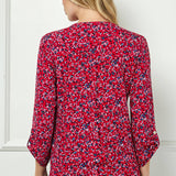 3/4 Button Tab Sleeve Pintuck Tie Front Blouse in Red