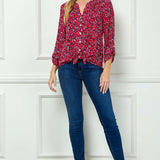 3/4 Button Tab Sleeve Pintuck Tie Front Blouse in Red