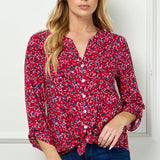 3/4 Button Tab Sleeve Pintuck Tie Front Blouse in Red