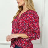 3/4 Button Tab Sleeve Pintuck Tie Front Blouse in Red
