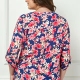 3/4 Button Tab Sleeve Pintuck Tie Front Blouse in Navy/Coral - Plus