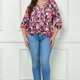 3/4 Button Tab Sleeve Pintuck Tie Front Blouse in Navy/Coral - Plus