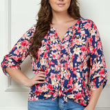 3/4 Button Tab Sleeve Pintuck Tie Front Blouse in Navy/Coral - Plus