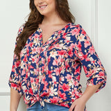 3/4 Button Tab Sleeve Pintuck Tie Front Blouse in Navy/Coral - Plus