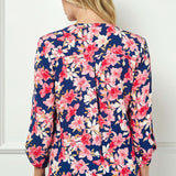 3/4 Button Tab Sleeve Pintuck Tie Front Blouse in Navy/Coral