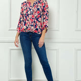 3/4 Button Tab Sleeve Pintuck Tie Front Blouse in Navy/Coral