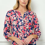 3/4 Button Tab Sleeve Pintuck Tie Front Blouse in Navy/Coral