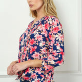 3/4 Button Tab Sleeve Pintuck Tie Front Blouse in Navy/Coral