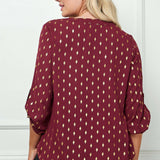 3/4 Button Tab Sleeve V-Neck Big Button Front Diamond Foil Overlay Popover Blouse - Plus