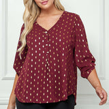 3/4 Button Tab Sleeve V-Neck Big Button Front Diamond Foil Overlay Popover Blouse - Plus