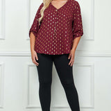 3/4 Button Tab Sleeve V-Neck Big Button Front Diamond Foil Overlay Popover Blouse - Plus