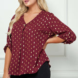 3/4 Button Tab Sleeve V-Neck Big Button Front Diamond Foil Overlay Popover Blouse - Plus