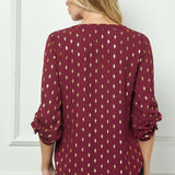 3/4 Button Tab Sleeve V-Neck Big Button Front Diamond Foil Overlay Popover Blouse
