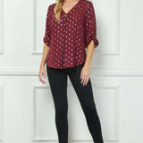 3/4 Button Tab Sleeve V-Neck Big Button Front Diamond Foil Overlay Popover Blouse