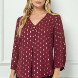 3/4 Button Tab Sleeve V-Neck Big Button Front Diamond Foil Overlay Popover Blouse