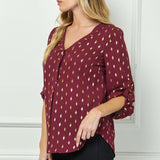 3/4 Button Tab Sleeve V-Neck Big Button Front Diamond Foil Overlay Popover Blouse