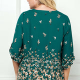 3/4 Button Tab Sleeve V-Neck Big Button Placket Front Popover Border Print Blouse - Plus