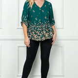3/4 Button Tab Sleeve V-Neck Big Button Placket Front Popover Border Print Blouse - Plus
