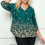 3/4 Button Tab Sleeve V-Neck Big Button Placket Front Popover Border Print Blouse - Plus