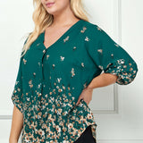 3/4 Button Tab Sleeve V-Neck Big Button Placket Front Popover Border Print Blouse - Plus