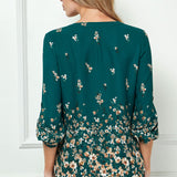 3/4 Button Tab Sleeve Big Button V-Neck Border Print Popover Blouse in Hunter Green