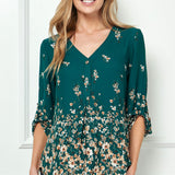 3/4 Button Tab Sleeve Big Button V-Neck Border Print Popover Blouse in Hunter Green