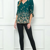 3/4 Button Tab Sleeve Big Button V-Neck Border Print Popover Blouse in Hunter Green