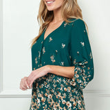 3/4 Button Tab Sleeve Big Button V-Neck Border Print Popover Blouse in Hunter Green