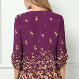 3/4 Button Tab Sleeve V-Neck Big Button Placket Front Popover Border Print Blouse